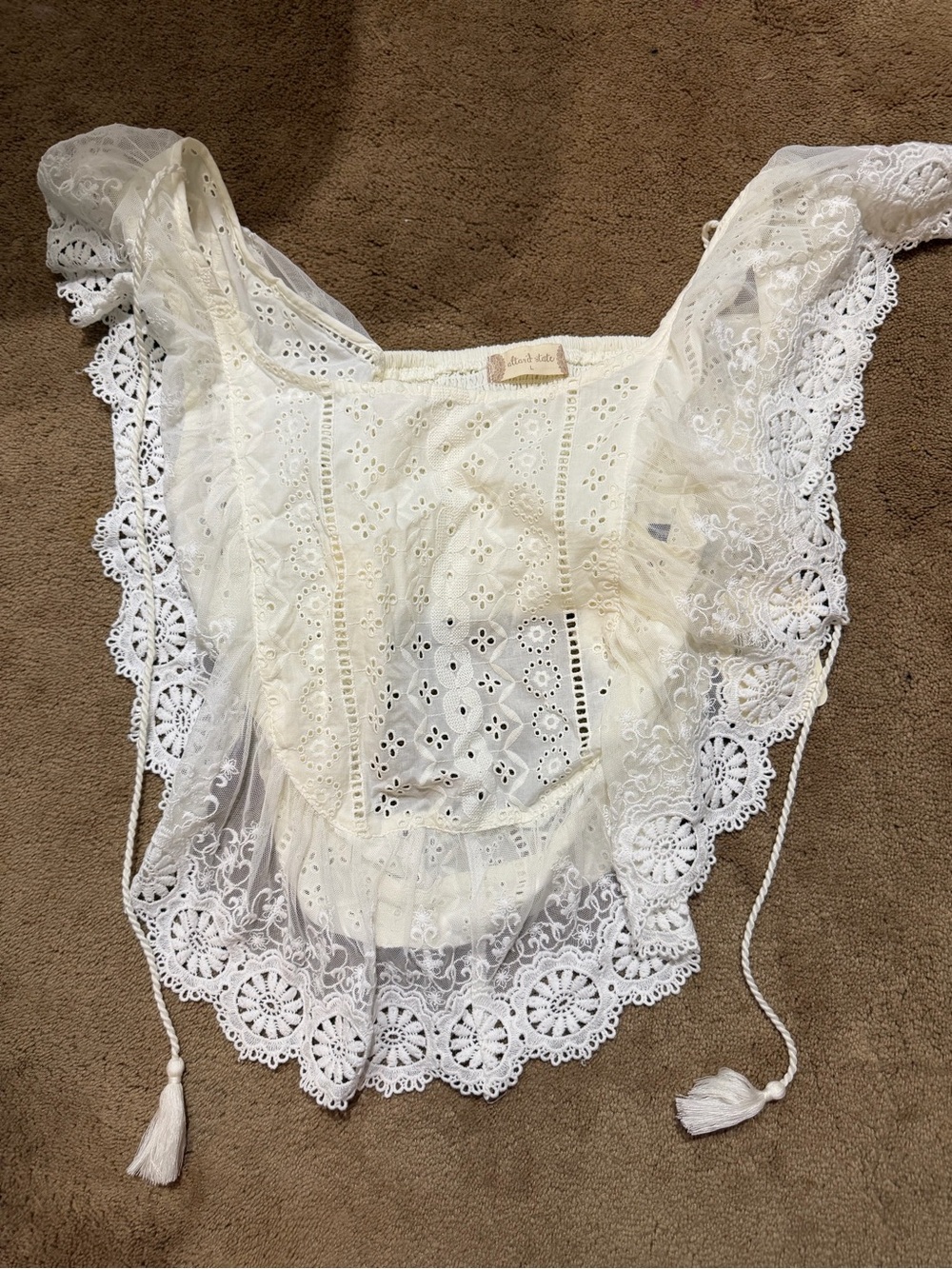 Altar'd State Cream Eyelet Lace Peasant Blouse with Tassels